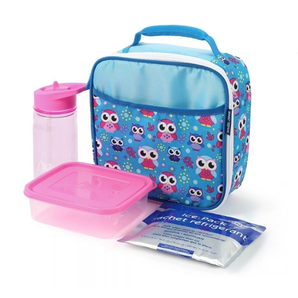 Girl's Owls insulated Lunch Bag includes container, ice pack, and bottle